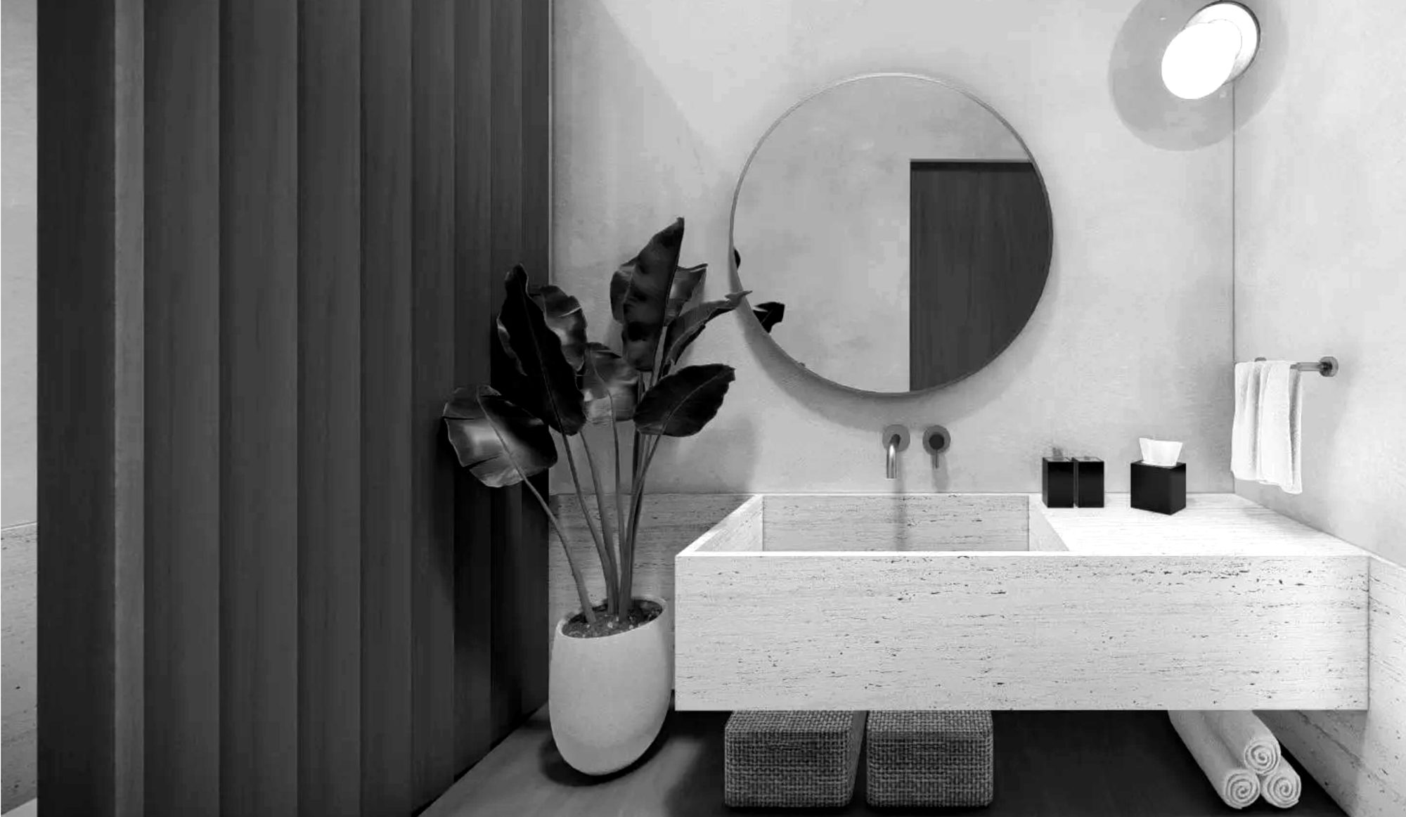 Bathroom interior with round mirror and stone sink